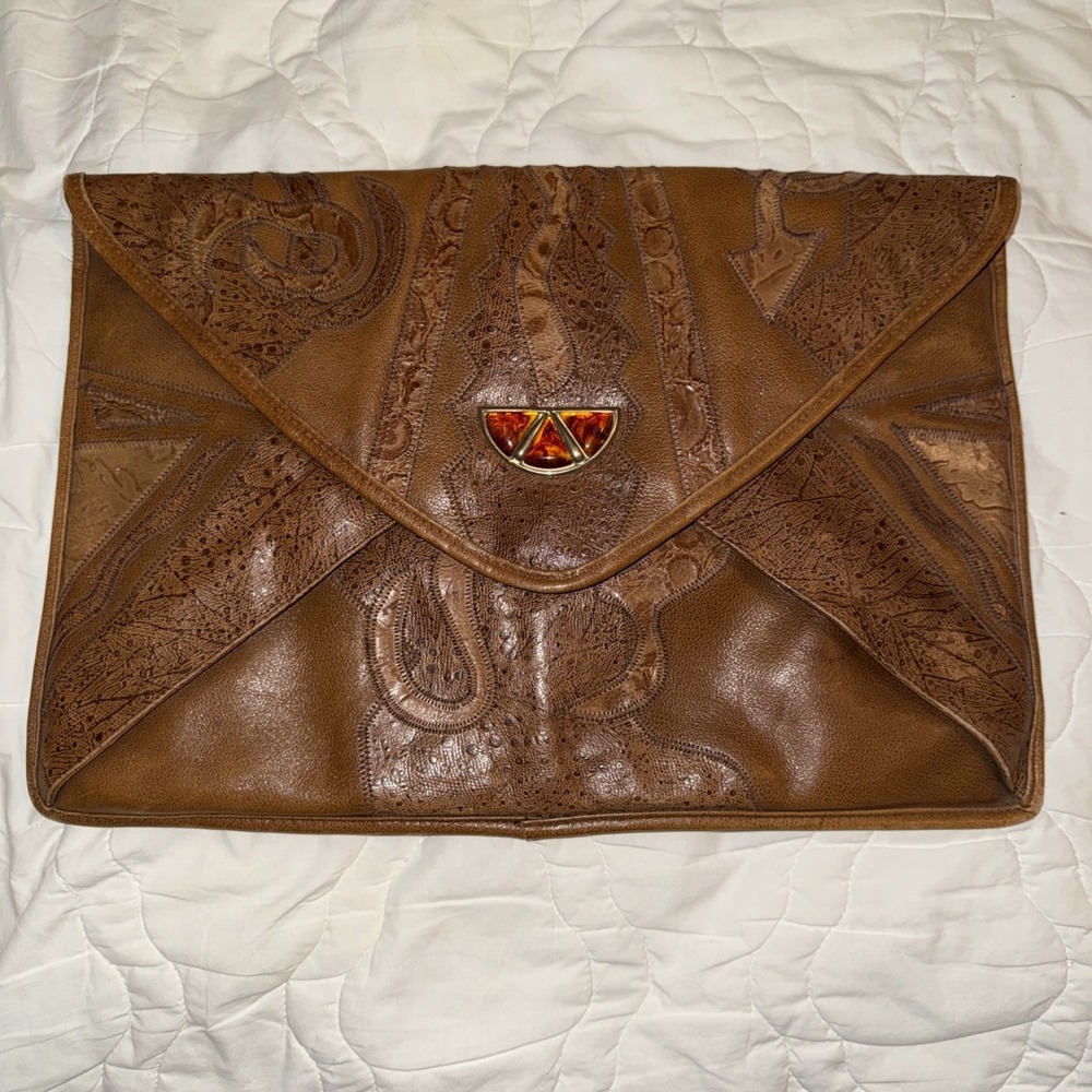 Viva of California Vintage Embossed Oversized Full Zip Envelope Clutch Brown EUC